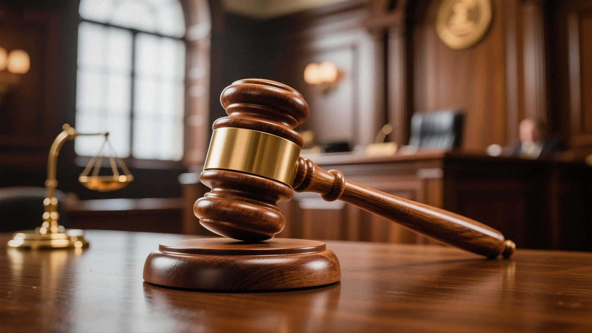 martillo de madera apoyado sobre una mesa en una sala de tribunal